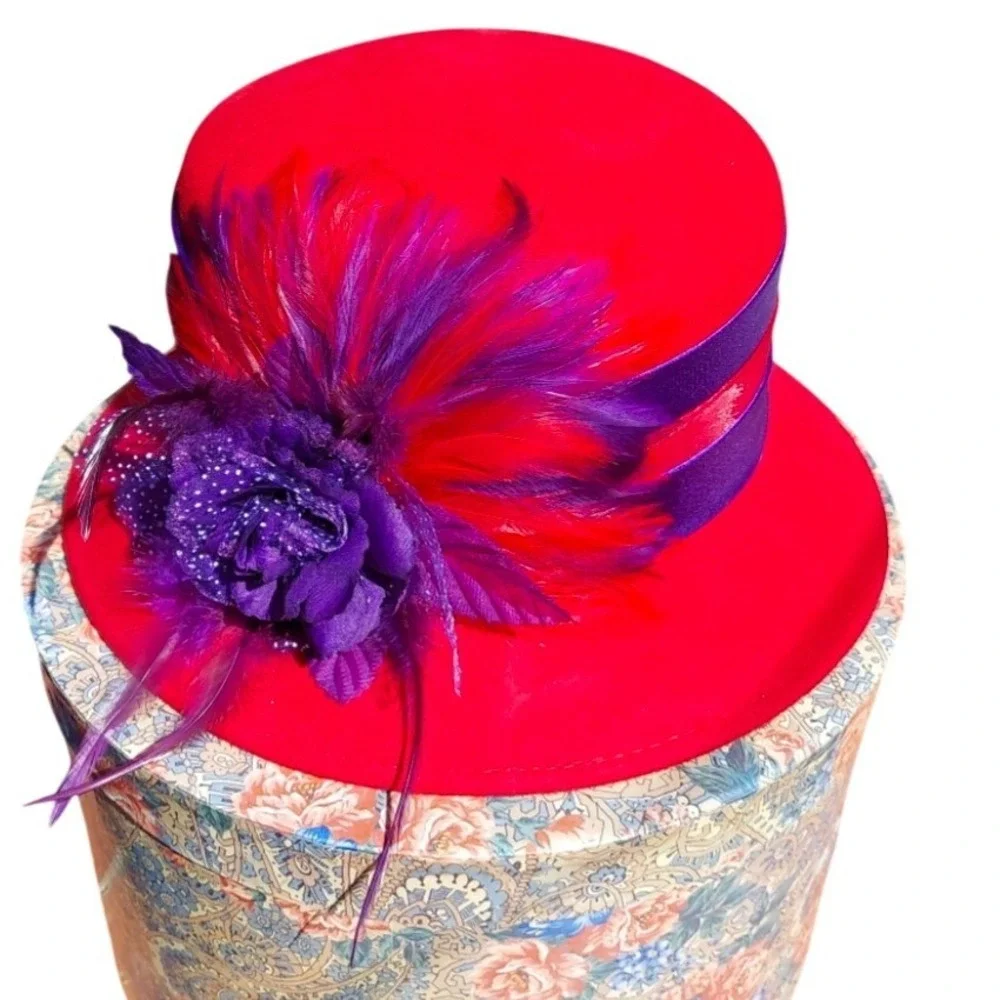 Something Special Red Wool Cloche Hat Purple Feather Flower Red Hat Society